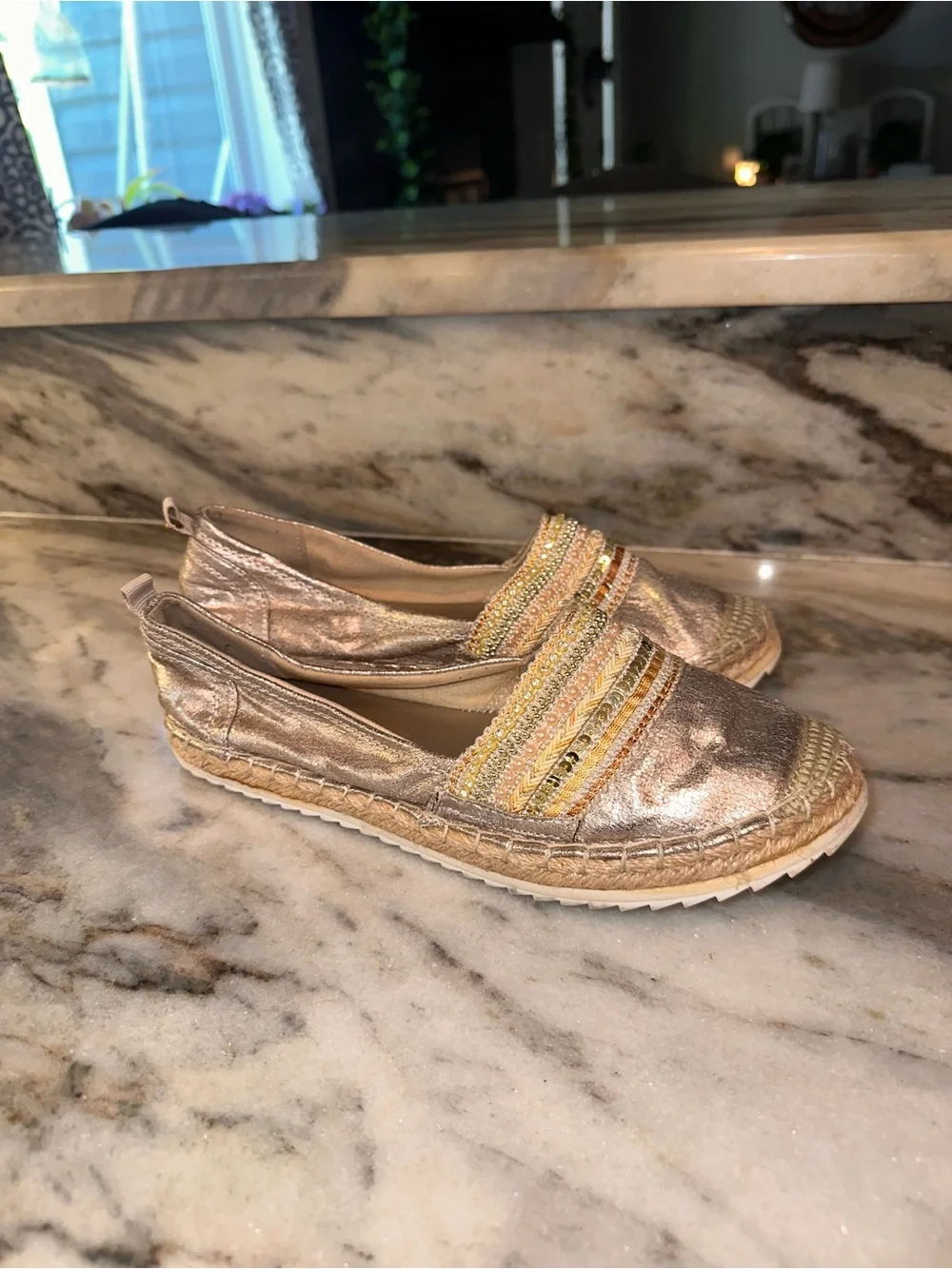 Bull Boxer Size 39/8-8.5 Women's‎ Metallic Espadrille Beaded Slip-Ons in Beige